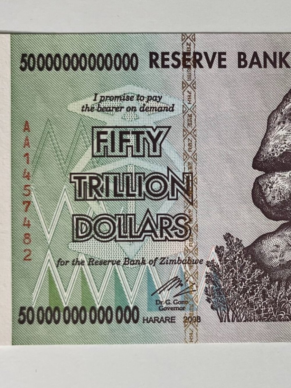 2008 50 TRILLION DOLLARS BANK OF ZIMBABWE, AA SERIES UNCIRCULATED